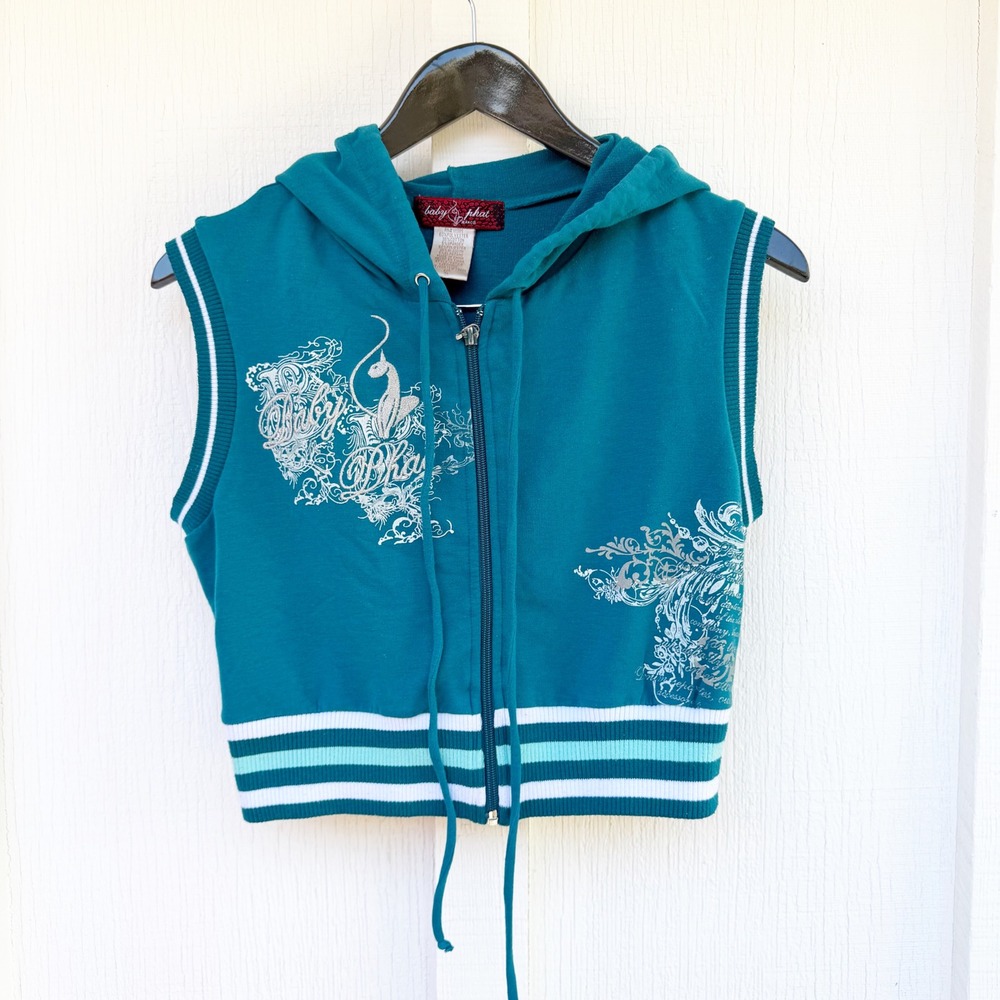 Vintage Baby Phat Sleeveless Hoodie Teal Silver Graphic Y2K Cropped Vest Zip Up